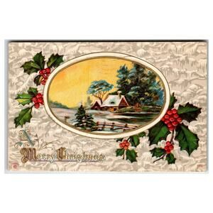 Vintage Embossed Christmas Postcard Winter Cottage Holly Berries